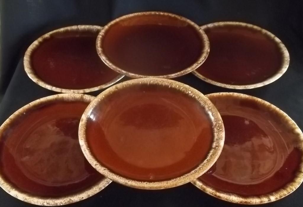 6 Hull Brown Drip Glaze Dinner Plates 105/8"