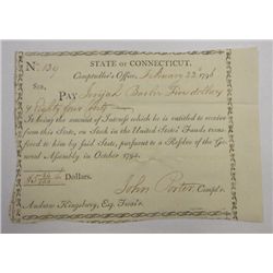 State of Connecticut 1796 Stock Bond, Dated Feb 22, 1796,