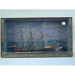 A Victorian wooden model three masted sailing ship (unidentified) in a glazed case