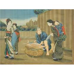 A Japanese silk work picture of a fishseller and women