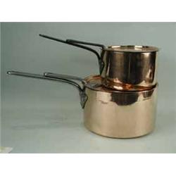 Two late 19th century copper saucepans and covers with iron handles