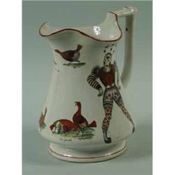A 19th century English 'Puzzle jug' with printed and hand coloured cockfighting scenes