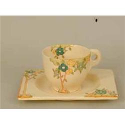 A Clarice Cliff 'Biaritz' coffee cup and saucer with a Royal Staffordshire mark