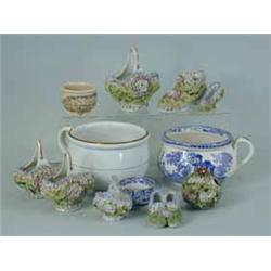 Eight 19th century moss ware encrusted items