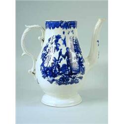 An 18th Century Liverpool blue and white coffee pot with chinoiserie decoration. (Hairline to body