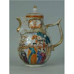 A Chinese Famille Rose coffee pot and associated cover of baluster shape painted figural and landsca