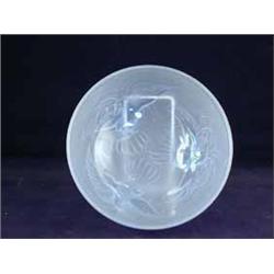 A Jobling blue glass bowl moulded with three Birds of Paradise