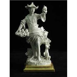 A continental pottery figure of a Chinese fruit seller on a gold painted wooden plinth