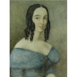 A mid 19th century portrait miniature of a lady in a blue dress