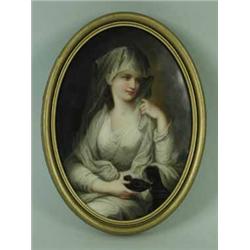 A continental painted oval portrait of a lady with a lamp