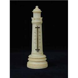 A good l9th Century carved ivory desk thermometer in the form of a tower by Bate of London