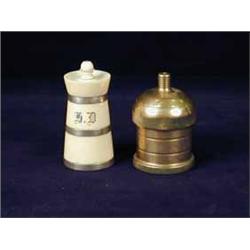 An ivory pepper mill inscribed with initials and 1911 with silver mounts 1905