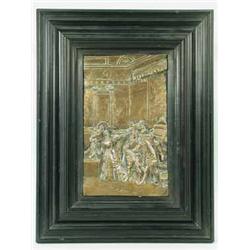A copper plaque of low relief with an Elizabethan scene