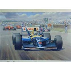 A pair of Nigel Mansel prints by Tony Smith 'DOUBLE WORLD CHAMPION' AND 'VICTORY' both signed by Nig