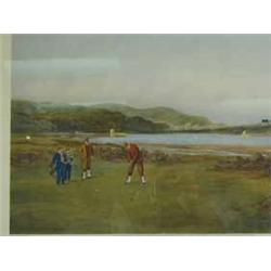 Three coloured golfing prints