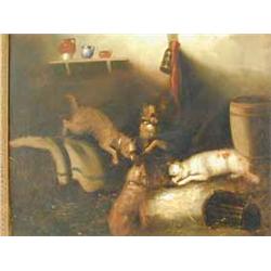 Follower of George Armfield FOUR TERRIERS CHASING A RAT oil on canvas