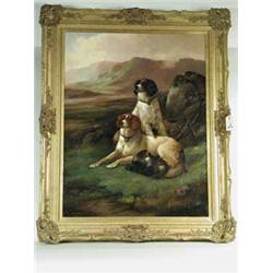 Robert Cleminson TWO SETTERS WITH GROUSE ON A SCOTTISH MOOR oil on canvas
