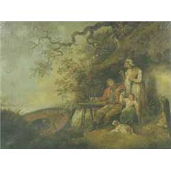 After George Morland A FAMILY OUTSIDE A COTTAGE oil on canvas