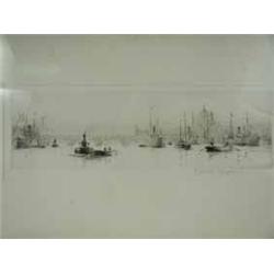 Rowland Langmaid A VIEW OF THE THAMES WITH BOATS etching