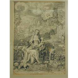After Durer an etching by Sadeler VIRGIN AND CHILD AMONGST LANDSCAPE framed 33 x 24cm Est.80/12