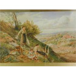 Manner of Myles Birket Foster CHILDREN RESTING BESIDE A LANE watercolour