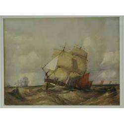 Follower of Charles Bentley SHIPS IN ROUGH SEAS watercolour