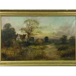 F. Hall LANDSCAPE WITH COTTAGE AND FIGURE oil on canvas