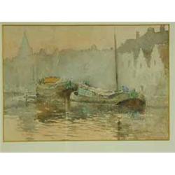 Louis Reckelbus 'VIEW OF BARGES ON A RIVER' watercolour