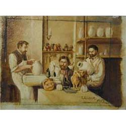 E.A.L. Ham 'MARTIN BROTHERS OF SOUTHALL - THE FAMOUS POTTERS IN STUDIO 1910' oil on panel