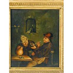 English School After Van Ostade TWO MEN IN AN INN oil on panel