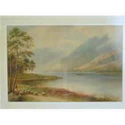 Milton Drinkwater VIEW OF SCOTTISH LOCH WITH SHEEP watercolour