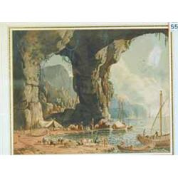 Continental School BOATS AND FIGURES IN A ROCKY CAVE watercolour