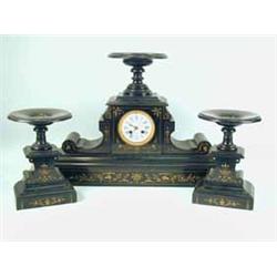 A l9th Century black slate mantel clock garniture