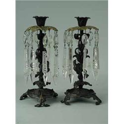 A pair of 19th century continental metal table lustres with prismatic drops