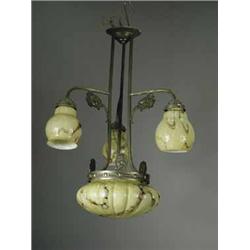 An Art Deco hanging electrolier with yellow mottled glass shades