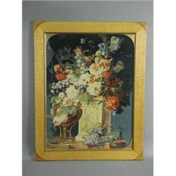 An Edwardian still life tapestry in a later inlaid satinwood frame