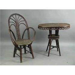 A Victorian hazel bentwood conservatory chair and table and another similar chair