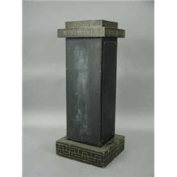 A Victorian pedestal painted black with stencilled gold 'stringing and inlay'. The column with a hin