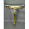 Image 1 : A carved wood and gold painted console table with a demi-lune white marble top on a single scrolled 
