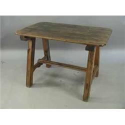 A Victorian pine tavern table with re-entrant corners on square supports