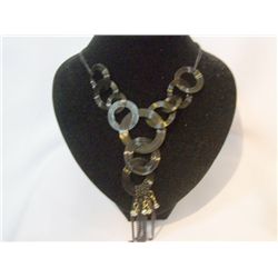 BLACK CIRCULAR BRASS CHAIN LONG NECKLACE; METAL; 22 INC