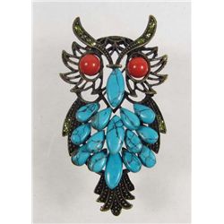10509 -  BRONZE TURQUOISE & CORAL OWL BROOCH