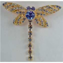 11179 - 18K GOLD PLATED AQUAMARINE DRAGONFLY BROOCH