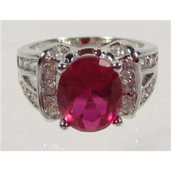 10690 - WHITE GOLD PLATED RUBY & WHITE TOPAZ RING SIZE 8