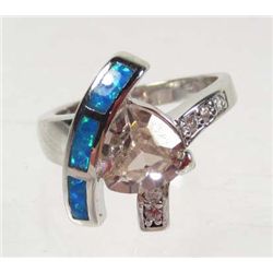 10537 - PINK, WHITE TOPAZ & BLUE OPAL SILVER RING SIZE 8