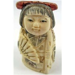 11149 - JAPANESE OX BONE NETSUKE - GIRL W/ FAN
