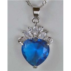 11322 - WHITE GOLD PLATED AQUAMARINE AND WHITE TOPAZ PENDANT W/ CHAIN