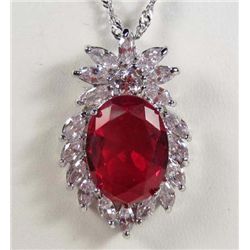 9261 - WHITE GOLD PLATED GARNET & WHITE TOPAZ PENDANT W/ CHAIN