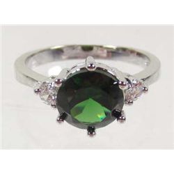 10677 - WHITE  GOLD PLATED EMERALD & WHITE TOPAZ RING SIZE 7
