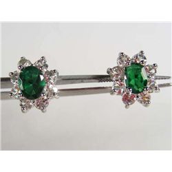9270 - WHITE GOLD PLATED EMERALD & WHITE TOPAZ EARRINGS